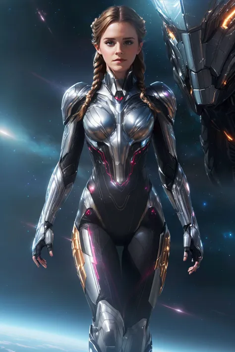 A stunning digital painting of (emma watson:1.0),solo, (middle shot:1.4), realistic, masterpiece, best quality, high detailed, (As a female character in a Crysis Nanosuit, render a mesmerizing artwork set in the game's zero-gravity environment. The way her suit seems to glow softly against the backdrop of the infinite expanse of space, creates a scene of surreal beauty. The Nanosuit's sleek lines and formidable design are brilliantly highlighted as she maneuvers through the weightless environment, a symbol of technological prowess set against the vast cosmos.:1.3),(in the style of Yoshitaka Amano:1.1),epic fantasy character art, concept art, fantasy art, fantasy art, vibrant high contrast,trending on ArtStation, dramatic lighting, ambient occlusion, volumetric lighting, emotional, Deviant-art, hyper detailed illustration, 8k, gorgeous lighting, <lora:VampiricTech:0.35>,vamptech ,(full height portrait:1.8),(French braids with barrettes: Double French braids held together with gold barrettes, creating a chic and trendy look.:1.2),photoshoot