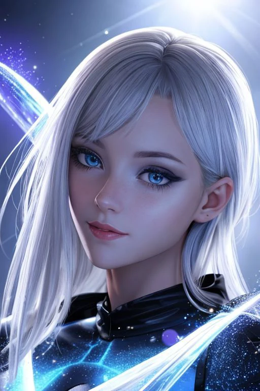 Perfect looking girl age 20, posing, ice princess, detailed deep blue eyes, silver hair, shiny dust particles, 8k, high detail, volumetric light