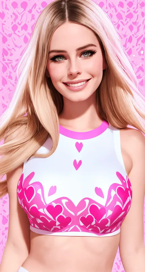lana rhoades, sassy style, ([avril lavigne|lana del rey]:1.0) middle shot, white crop top , naughty smile, [cartoon, vector art, anime :realistic, real life, hyper realistic:0.20],,, beautiful young woman, symmetrical, large breasts, fit, gentle, pink luminescent background, hyperrealism, facing viewer,  , detailed, heart pattern, cute,