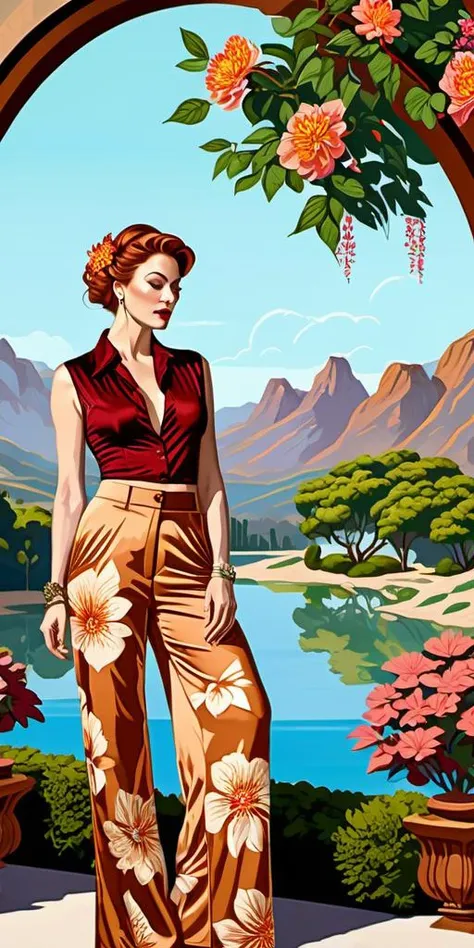 comic mundane Drawing, awardwinning Unity Engine, Raw digital photo, Sprawling light-weight (Esm Bianco:1.2) , in style of Warner Brothers, wearing Senseless [Serbian:Chinoiserie:2] electric color Palazzo pants, Chestnut hair, Authentic Cufflink, Vintage Flower Crown, lush trees, at Dawn, FOV 90 degrees, Masterpiece, Amusing, Teslapunk, Muted Colors, rpg concept art, Pixabay . graphic illustration, comic art, graphic novel art, vibrant, highly detailed