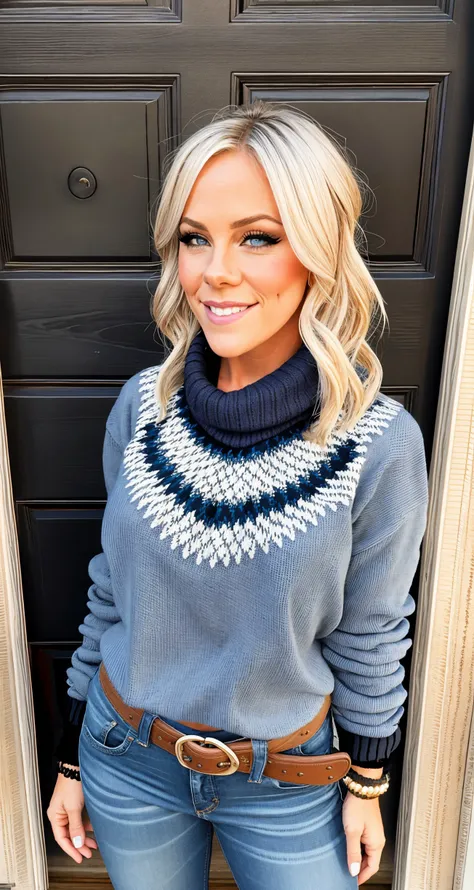 (audra miller:0.8), p!nk, edgQuality, naughty smile, standing, posing for a picture, cowboy shot,
edgPO, wearing edgPO pullover, a woman wearing a sweater with a chevron pattern ,autumn setting
denim jeans, Masterpiece, best quality,
<lora:edgPullovers:1>