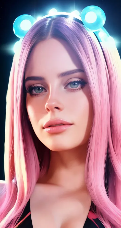 lana rhoades, sassy style, ([avril lavigne|lana del rey]:1.0) middle shot, , [cartoon, vector art, anime :realistic, real life, hyper realistic:0.20],,, beautiful young woman, symmetrical face, large breasts, fit, gentle, form appearing as a luminescent digital entity, hyperrealism, Turn this into a thrilling, , , detailed,