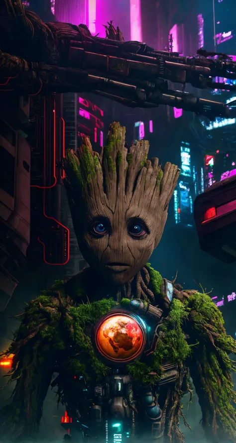 post-apocalyptic Earth overgrown by nature, Groot encounters remnants of human civilization , closeup, centered, looking at viewer, middle shot,
cyberpunk theme, futuristic, sci-fi, cybernetic, , neon lights, cyberpunk style, 
highres, precise, detailed,  [cartoon, vector art, anime :realistic, real life, hyper realistic:0.15],