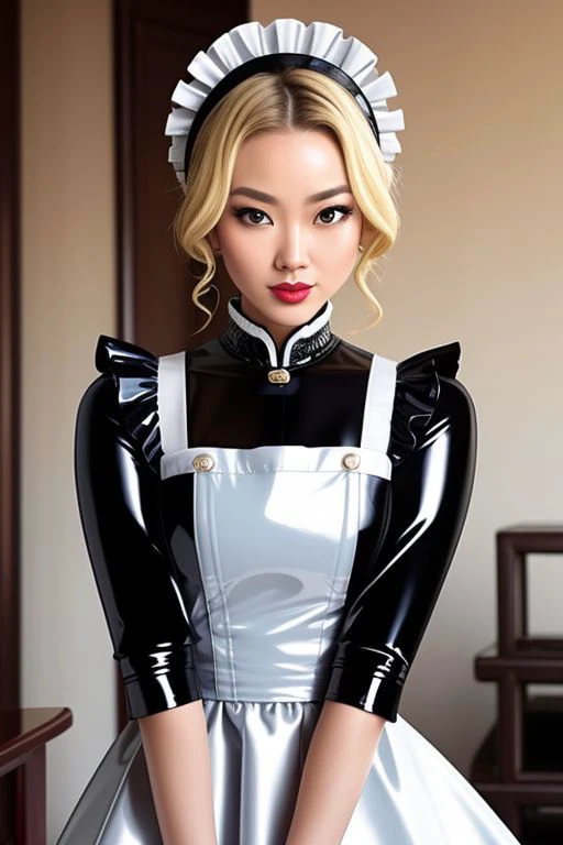 masterpiece, best quality, professional detailed photo of (blonde Asian beauty:1.3) wearing (glossy latex Victorian maid dress:1.3), (perfect face, beautiful face, symmetric face)