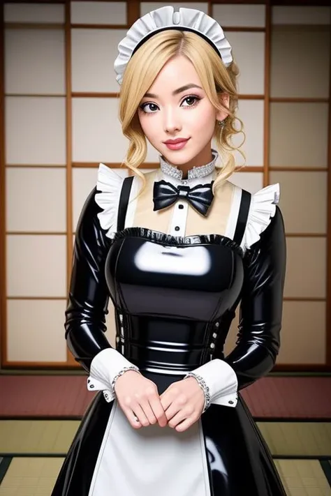 masterpiece, best quality, professional detailed photo of (blonde Japanese beauty:1.3) wearing (glossy latex Victorian maid dress:1.3), (perfect face, beautiful face, symmetric face)