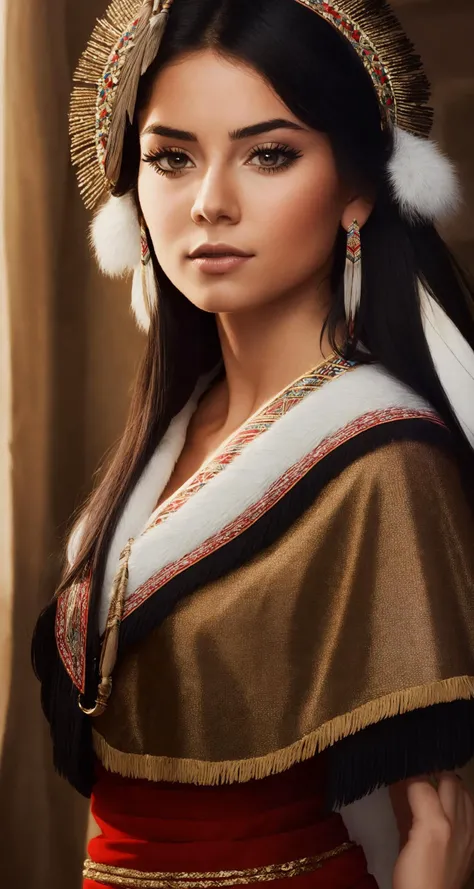 Hyperrealistic art sassy style,beautiful Pocahontas, native american woman, with her tribal outfit, . Extremely high-resolution details, photographic, realism pushed to extreme, fine texture, incredibly lifelike