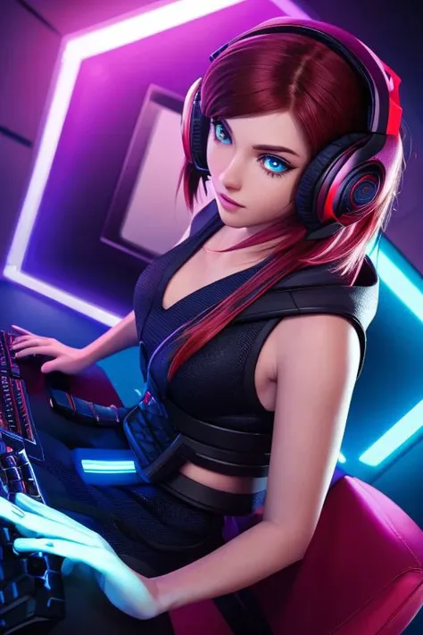 masterpiece, (gamer girl), in a disordered bedrom, female, playing on the pc, action shot, detailed eyes, very vivid lighting, detailed, (vibrant, photo realistic, realistic, sharp focus),