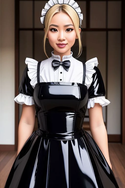 masterpiece, best quality, professional detailed photo of (blonde Asian beauty:1.3) wearing (glossy latex Victorian maid dress:1.3), (perfect face, beautiful face, symmetric face)