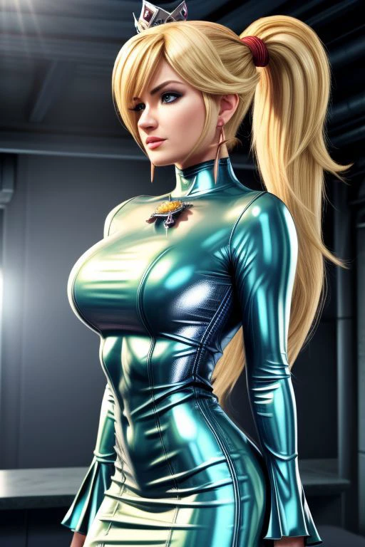 professional detailed (medium shot) photo, (samus aran) dressed in (latex (blue dress:1), (blonde ponytail), (jewelry, blue cocktail dress, princess crown, jewel brooch, long frilly sleeves), (perfect face, beautiful face, symmetric face), (shiny glossy translucent clothing, gleaming oily latex fabric :1.1)
ultra wide angle shot, 8k, RAW photo, photo-realistic, masterpiece, best quality, absurdres, incredibly absurdres, huge filesize, extremely detailed, High quality texture, physically-based rendering, Ray tracing,