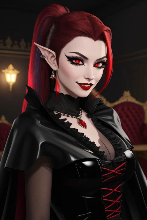 (half body, cowboy shot:1.2), professional image of a cute vampire woman, (frilly elegant glossy latex vampire cloak, vampire brooch, vampire earrings, vampire accessories),
(long hair, ponytail, hair above cheeks, gray hair with red hairtips, gradient hair, multicolored hair:1.2), (red eyes, evil smirk, evil face:1.2), (pointy ears, perfect teeth:1.3), (slit pupils), (corruption, dark_persona:1.1), (glossy red lipstick, eyeshadow, red mascara, long eyelashes:1.3), (shiny glossy translucent clothing, glossy oily latex fabric:1.1),
(intricate dark mansion background, vampire manshion, red latex furniture, red carpet:1.2),
(absurdres, incredibly absurdres, huge filesize, High quality texture, physically-based rendering, Ray tracing, octane render, sharp focus, (8k), (4k), (Masterpiece), (Best Quality), extremely detailed, intricate, hyper detailed, high resolution, sharp detail)