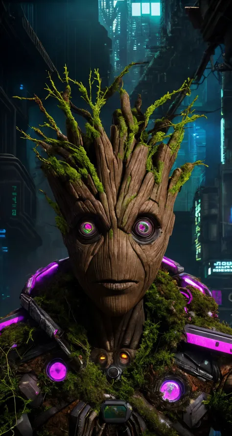 post-apocalyptic Earth overgrown by nature, Groot encounters remnants of human civilization , closeup, centered, looking at viewer, middle shot,
cyberpunk theme, futuristic, sci-fi, cybernetic, , neon lights, cyberpunk style, 
highres, precise, detailed,  [cartoon, vector art, anime :realistic, real life, hyper realistic:0.25],