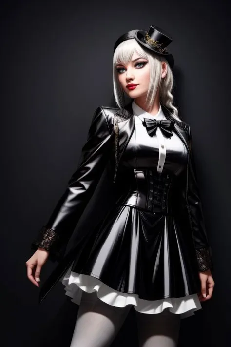 (Dark Persona, corruption:1.3), detailed full-length photo, full body, (see-through sleeves:1.3), 1girl, solo, latex fubukielegant, (shiny glossy translucent clothing, gleaming oily latex fabric :1.1), (perfect face, beautiful face, symmetric face), (makeup, glossy lipstick, mascara, eyeshadow:1.2), standing,
latex (fubukielegant, (braided ponytail), blue coat, blue bowtie, buttoned corset, collared shirt, long skirt, grey skirt, frills, (white pantyhose:1.4), mini hat, top hat, hairband, white hair),
RAW photo, photo-realistic, absurdres, incredibly absurdres, huge filesize, High quality texture, physically-based rendering, Ray tracing, photorealistic, octane render, best quality, sharp focus, (8k), (4k), (Masterpiece), (Best Quality), (realistic skin texture), extremely detailed, intricate, hyper detailed, illustration, soft lighting, high resolution, sharp detail,