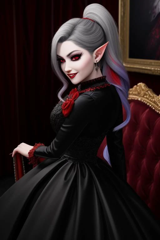 professional image of a cute vampire woman, (full length puffy princess dress, vampire brooch, vampire earrings, vampire accessories),
(long hair, ponytail, hair above cheeks, gray hair with red hairtips, gradient hair, multicolored hair:1.2), (red eyes, evil smirk, evil face:1.2), (pointy ears, perfect teeth:1.3), (slit pupils), (corruption, dark_persona:1.1), (glossy red lipstick, eyeshadow, red mascara, long eyelashes:1.3), (satin clothing, satin fabric:1.1),
(intricate dark mansion background, vampire manshion, red furniture, red carpet:1.2),
(absurdres, incredibly absurdres, huge filesize, High quality texture, physically-based rendering, Ray tracing, octane render, sharp focus, (8k), (4k), (Masterpiece), (Best Quality), extremely detailed, intricate, hyper detailed, high resolution, sharp detail)