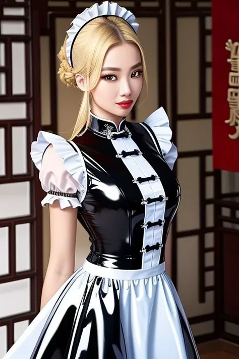 masterpiece, best quality, professional detailed photo of (blonde Chinese beauty:1.3) wearing (glossy latex Victorian maid dress:1.3), (perfect face, beautiful face, symmetric face)