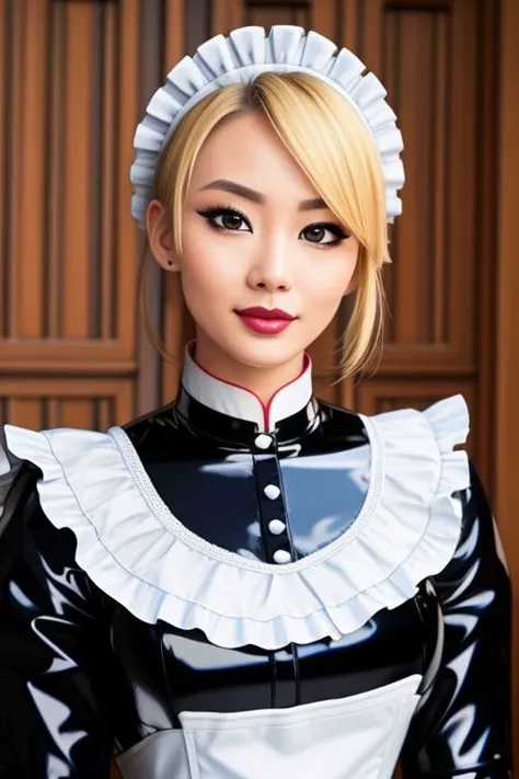 masterpiece, best quality, professional detailed photo of (blonde Asian beauty:1.3) wearing (glossy latex Victorian maid dress:1.3), (perfect face, beautiful face, symmetric face)