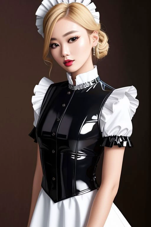 masterpiece, best quality, professional detailed photo of (blonde Korean beauty:1.3) wearing (glossy latex Victorian maid dress:1.3), (perfect face, beautiful face, symmetric face)