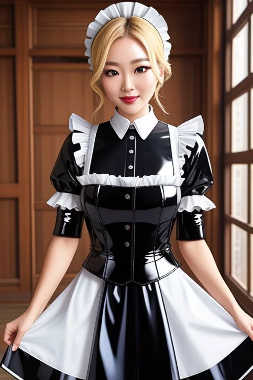 masterpiece, best quality, professional detailed photo of (blonde Korean beauty:1.3) wearing (glossy latex Victorian maid dress:1.3), (perfect face, beautiful face, symmetric face)
