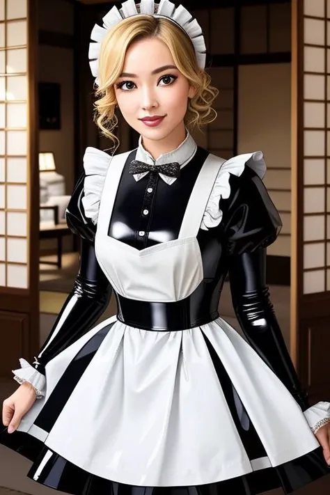 masterpiece, best quality, professional detailed photo of (blonde Japanese beauty:1.3) wearing (glossy latex Victorian maid dress:1.3), (perfect face, beautiful face, symmetric face)