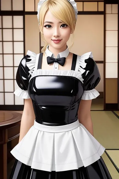 masterpiece, best quality, professional detailed photo of (blonde Japanese beauty:1.3) wearing (glossy latex Victorian maid dress:1.3), (perfect face, beautiful face, symmetric face)