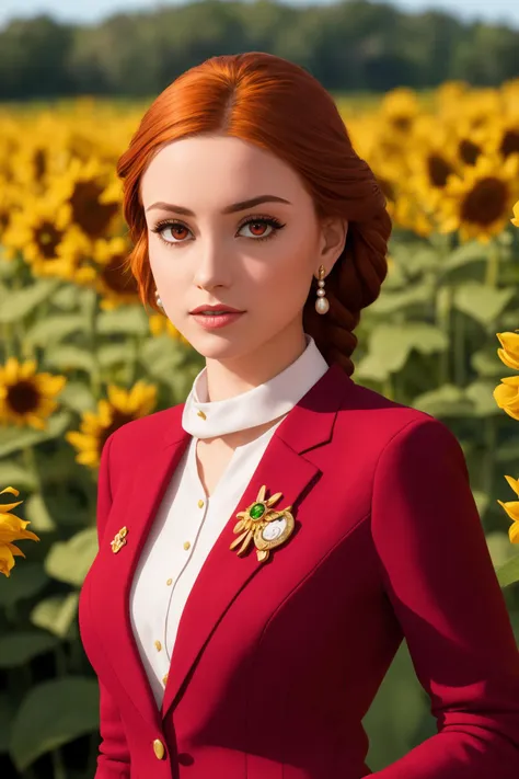 (1girl) , (sassy style),young female in her twenties, African,
 (Red eyes  ), Thin eyebrows, (Ginger, <lora:ginger-LECO:-0.75> Long Herringbone with twist braid hairstyle), ,V-shaped Chin,Crooked Nose,(beautiful eyes,beautiful hair:1),
thin,(Balanced body), [], (medium breasts) , 
(wearing  Extensive green Airline crew members in stylish burgundy outfits, featuring a sleek dress, matching blazer, and a gold emblem brooch.),chokers, ,  pearl earrings ,
(solo focus),upper body, Looking off to the side,  ,  ,
(photorealistic), official art, unity 8k wallpaper, ultra detailed, beautiful and aesthetic, masterpiece,best quality,real life,,(focal point),crime style,
background A sunflower field stretching towards the horizon under a clear blue sky, Sculpture, Freesia, modern, Turner at Evening glow
