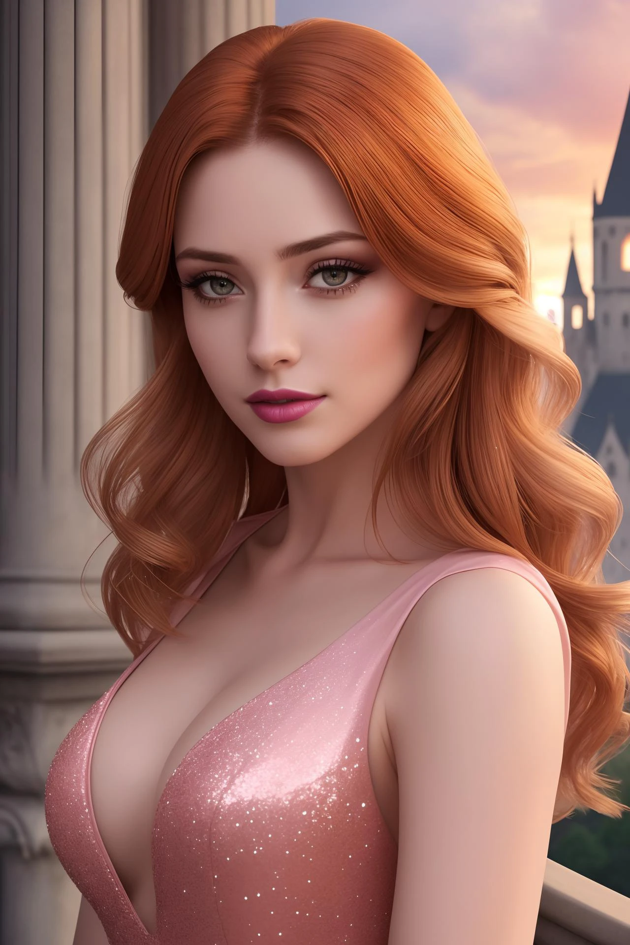 (RAW 8k photo) of 1girl, (wearing pink princess dress), (RAW photo, best quality), (realistic, photo-realistic:1.4), masterpiece, an extremely delicate and beautiful, extremely detailed, 2k wallpaper, Amazing, finely detail, extremely detailed CG unity 8k wallpaper, ultra-detailed, highres, soft light, mascara, makeup, lips, petite, large breasts, beautiful, glitter lipstick, beautiful detailed woman, long ginger hair, cleavage, extremely detailed eyes and face, beautiful detailed nose, beautiful detailed eyes, cinematic lighting, on a castle balcony, village scenery, perfect anatomy, slender body