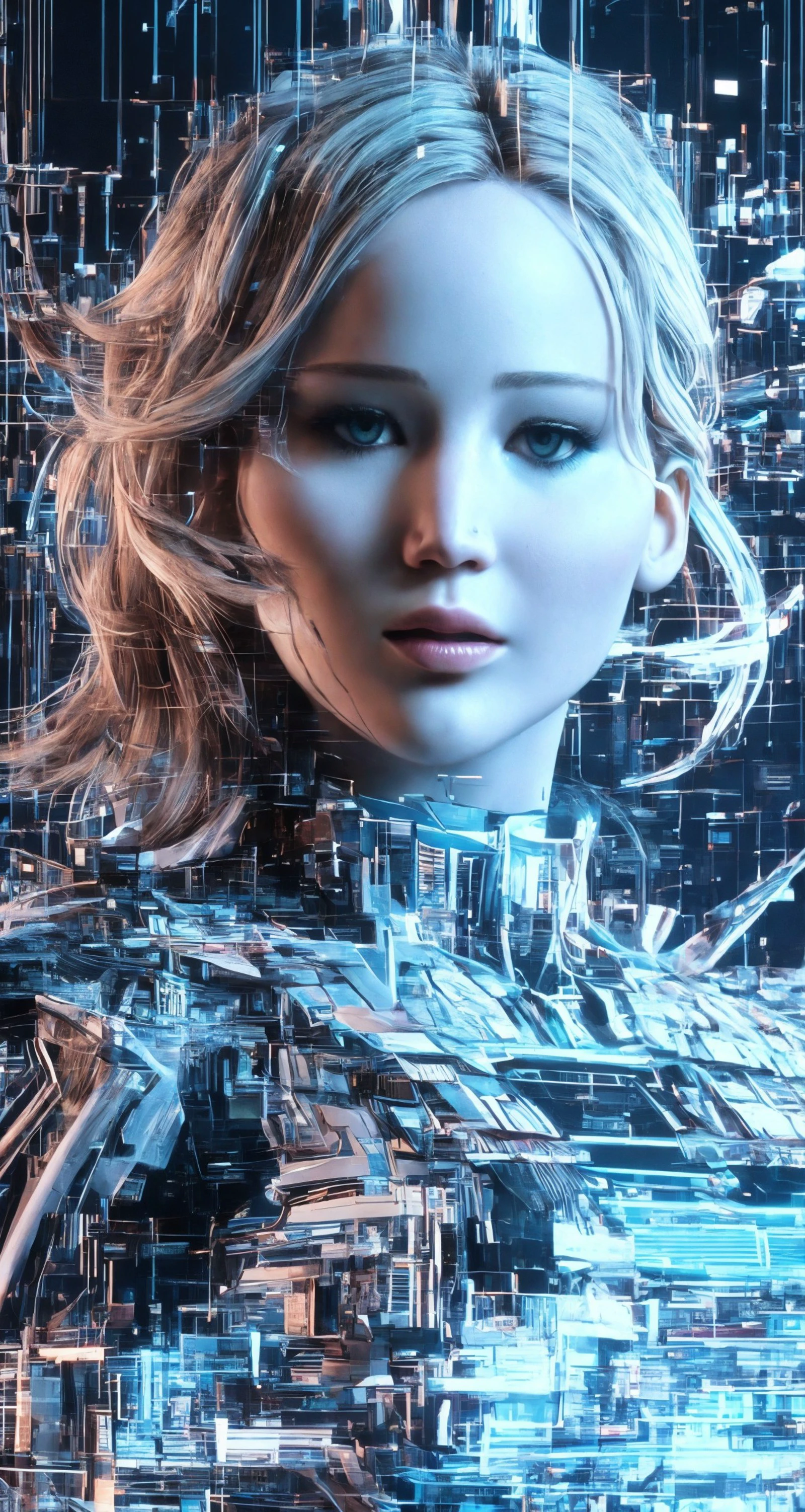 (jennifer lawrence:1.0) face, (audra miller:0.7), beautiful young woman, symmetrical face, , , shaky,
plugged into a console, rendered in zbrush, radiating kindness and purity, glitchfashion,
best quality, masterpiece, , <lora:GlitchFashion:0.5>