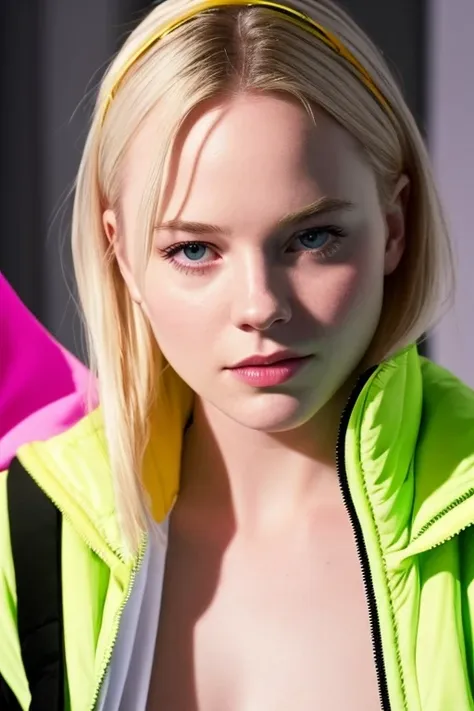 (elle fanning:0.5) face, (abbie cornish:0.8), holding, , 
aesthetic body, in her bright neo jacket, , 
deeply immersive 4K quality, best quality, masterpiece,