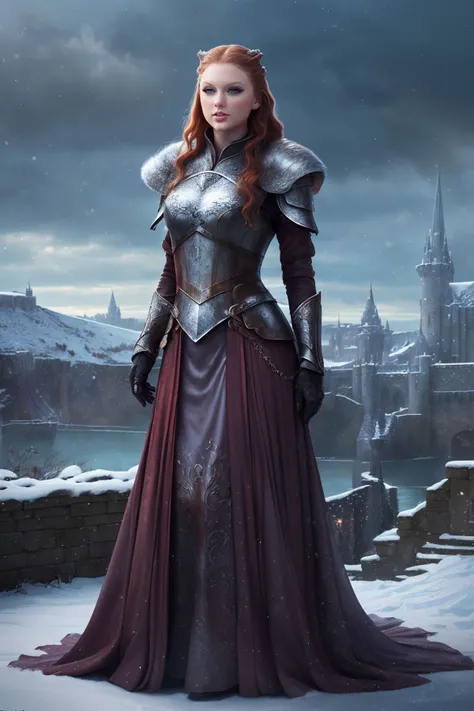 A stunning digital painting of (taylor swift:1.0),solo, (middle shot:1.4), realistic, masterpiece, best quality, high detailed, (As Sansa Stark from Game of Thrones Season 1, create a spectacular 8K image. Depict her in the gardens of Winterfell, adorned in a simple northern dress, with her auburn hair neatly styled. The tranquil winter landscape, her innocent expression, and the direwolf Lady by her side make a timeless piece capturing the essence of her naive early days.:1.3),(in the style of ZdzisBaw BeksiDski:1.1),epic fantasy character art, concept art, fantasy art, fantasy art, vibrant high contrast,trending on ArtStation, dramatic lighting, ambient occlusion, volumetric lighting, emotional, Deviant-art, hyper detailed illustration, 8k, gorgeous lighting, <lora:VampiricTech:0.35>,vamptech ,(full height portrait:1.8),(Beachy waves with a slightly tousled, carefree vibe.:1.2),photoshoot