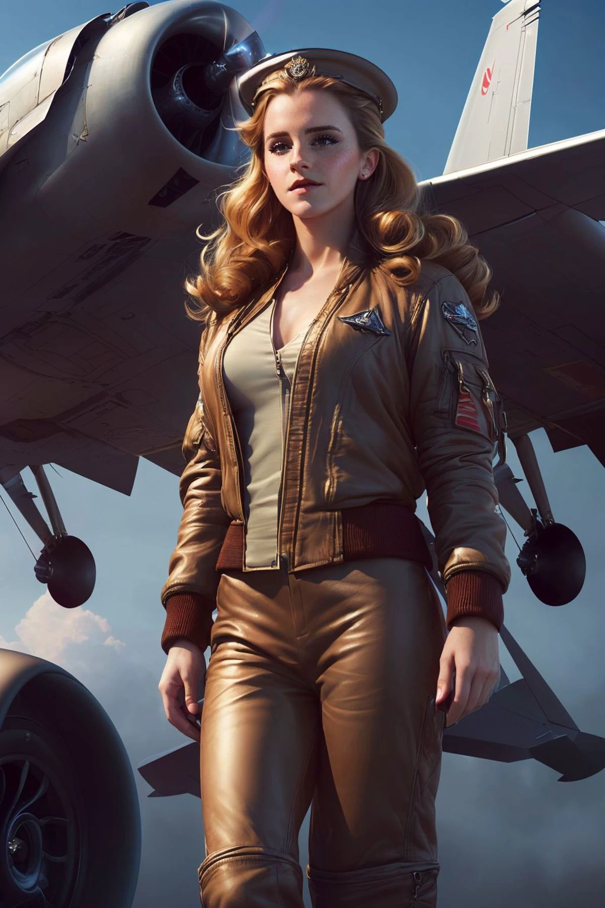 A stunning digital painting of (emma watson:1.0),solo, (middle shot:1.4), realistic, masterpiece, best quality, high detailed, (As a female pilot, depict her in an aviator's uniform, complete with a bomber jacket and a flight cap, against the backdrop of a roaring fighter jet. This thrilling, high-resolution masterpiece will evoke her soaring spirit, resulting in a breathtaking, adventurous, aviation-inspired piece of art in a sensational, life-like 8K quality.:1.3),(in the style of Luis Royo:1.1),epic fantasy character art, concept art, fantasy art, fantasy art, vibrant high contrast,trending on ArtStation, dramatic lighting, ambient occlusion, volumetric lighting, emotional, Deviant-art, hyper detailed illustration, 8k, gorgeous lighting, <lora:VampiricTech:0.35>,vamptech ,(full height portrait:1.8),(A retro-inspired bouffant style with hair teased high at the crown and styled in loose curls at the ends.:1.2),photoshoot