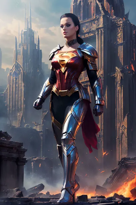 A stunning digital painting of (katy perry:1.0),solo, (middle shot:1.4), realistic, masterpiece, best quality, high detailed, (As Female General Zod from the Superman universe, design a breathtaking piece of art in high-resolution. Clad in a meticulously detailed black and silver Kryptonian battle armor, she stands commanding in the ruins of Metropolis. The fiery destruction in the background and her defiant stance make this a powerful portrayal of this formidable villain.:1.3),(in the style of Luis Royo:1.1),epic fantasy character art, concept art, fantasy art, fantasy art, vibrant high contrast,trending on ArtStation, dramatic lighting, ambient occlusion, volumetric lighting, emotional, Deviant-art, hyper detailed illustration, 8k, gorgeous lighting, <lora:VampiricTech:0.35>,vamptech ,(full height portrait:1.8),(Sleek, high ponytail with a sharp center part that highlights the curve of the neck.:1.2),photoshoot