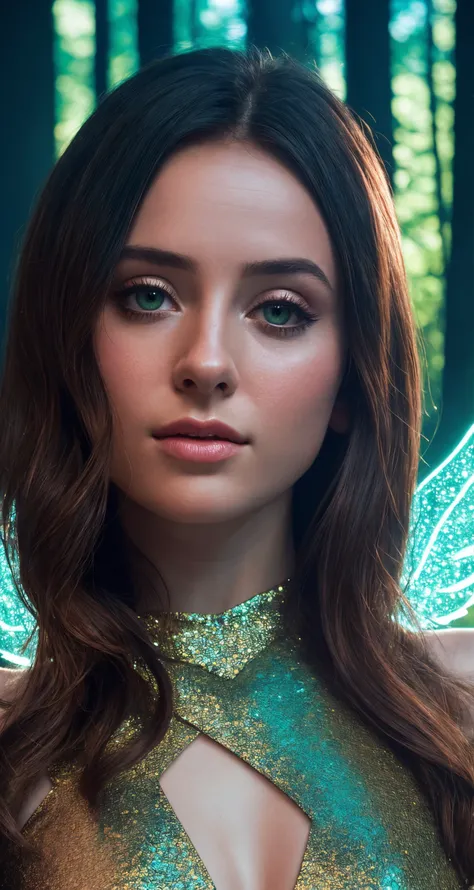An ethereal female figure with delicate, luminescent wings, surrounded by glowing, magical creatures in an enchanted forest
Subsurface skin scattering, shiny skin, iridescent dress, detailed background, ([Elizabeth Olsen|Anne Hathaway|Selena Gomez]:0.8), round cute face, green eyes, close-up, amazing fine detail, Nikon D850 film stock photograph Kodak Portra 400 camera f1.6 lens, rich colors, lifelike texture, dramatic lighting, unreal engine, trending on ArtStation, cinestill 800 tungsten