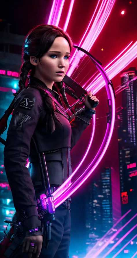 Katniss Everdeen, forbidden District 14, whispers of Mockingjays, closeup, centered, looking at viewer, middle shot,
cyberpunk theme, futuristic, sci-fi, cybernetic, magenta, neon lights, cyberpunk style, 
highres, precise, detailed,  [cartoon, vector art, anime :realistic, real life, hyper realistic:0.25],