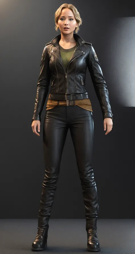 (jennifer lawrence:1.0) face, (audra miller:1.0), standing, full body, action, closeup, , , , fit, deteriorating, wearing Leather Jacket,
survivor spirit, rendered in cinema4d, intricate detailing of her outfit,
best quality, masterpiece, detailed,