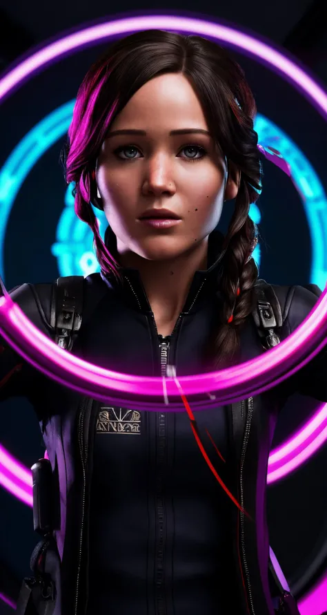 Katniss Everdeen, undercover Capitol ball, rebellion's secret message, closeup, centered, looking at viewer, middle shot,
cyberpunk theme, futuristic, sci-fi, cybernetic, magenta, , cyberpunk style, 
highres, precise, detailed,  [cartoon, vector art, anime :realistic, real life, hyper realistic:0.15],