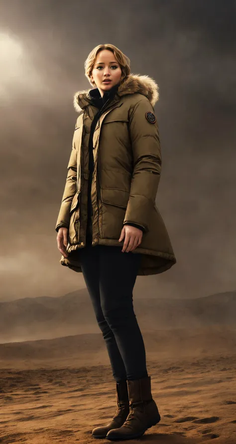(jennifer lawrence:1.0) face, , standing, full body, action, closeup, beautiful young woman, , large breasts, fit, groovy, wearing Parka,
she stands guard against a looming sandstorm, Chiaroscuro painting, bright and lively persona standing out against the solemn and austere setting,
best quality, masterpiece, ,