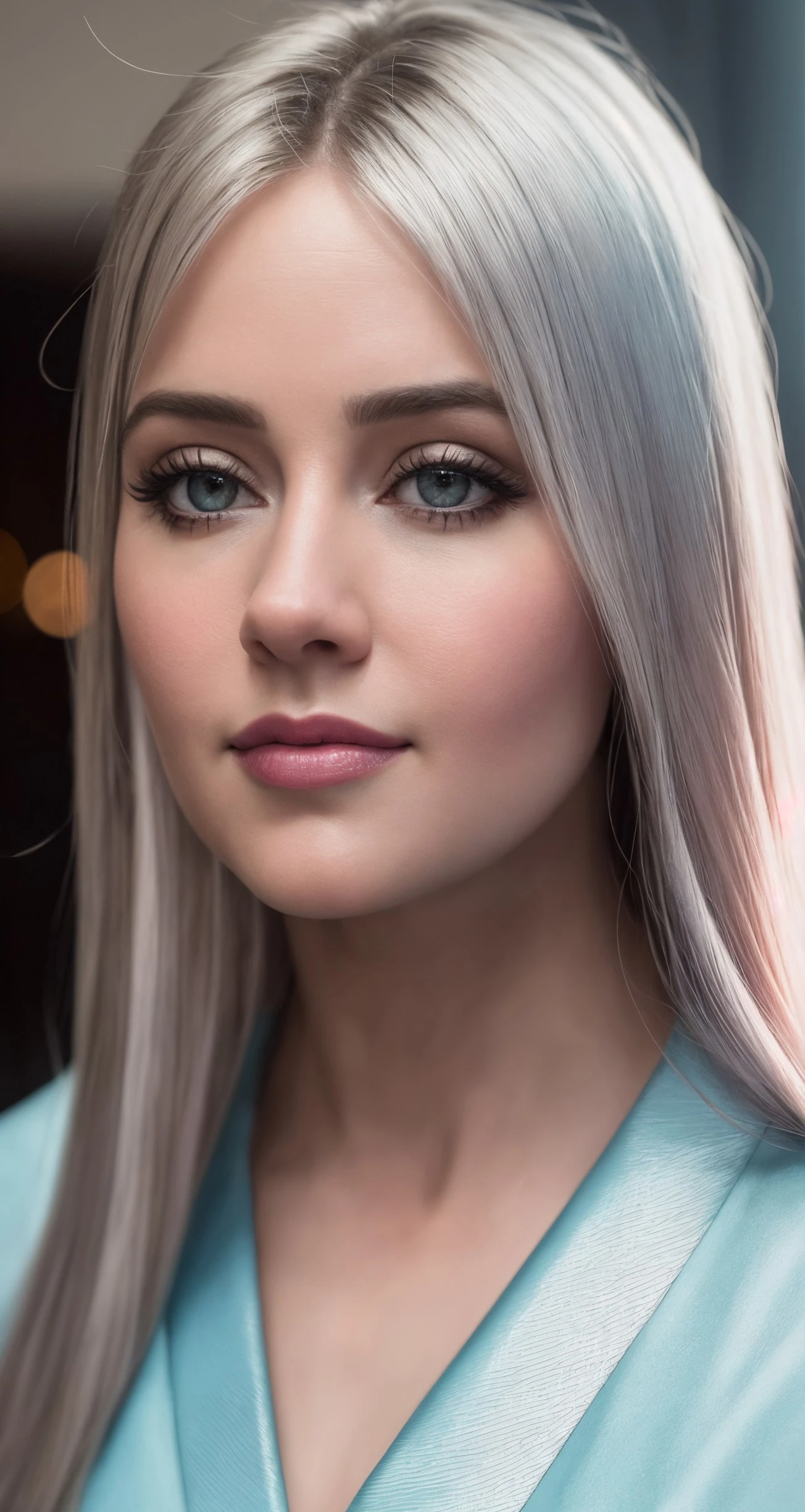 instagram photo of 24 years old woman, closeup, RAW, masterpiece, realistic,
hyper realistic, muted color,
looking at viewer,  mythical pastel fantasy, colossal, ([Emilia Clarke|Jennifer Aniston|Lynda Carter]:0.7), bokeh, Dongguan,
wearing Silver Bathrobe, glowing,
[cartoon, drawing, anime :realistic, real life, hyper realistic:0.25],