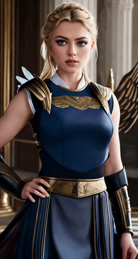 tiktok photo of 27 years old , closeup, RAW, masterpiece, realistic,
hyper realistic, ,
looking at viewer, valkyrie's victory vestment looking winged warrior asgardian, macho, ([Amanda Seyfried|Monica Bellucci|Scarlett Johansson]:0.7), , Jinan,
wearing Navy blue overall skirt, simple,