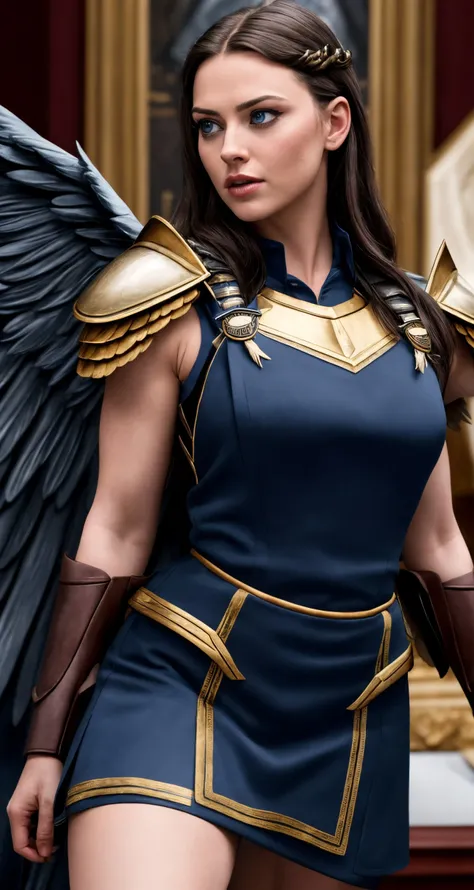 tiktok photo of 27 years old , closeup, RAW, masterpiece, realistic,
hyper realistic, ,
looking at viewer, valkyrie's victory vestment looking winged warrior asgardian, macho, ([Amanda Seyfried|Monica Bellucci|Scarlett Johansson]:0.7), , Jinan,
wearing Navy blue overall skirt, simple,