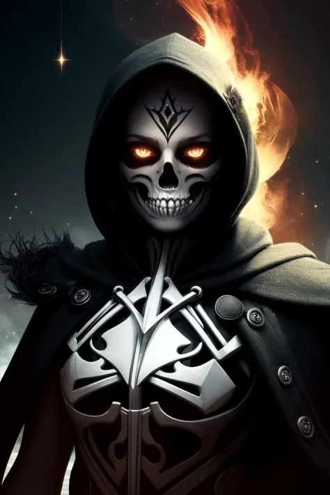 (best quality, masterpiece:1.2), 1 girl, german woman, silver eyes, ginger dutch braid, Style-GravityMagic, solo, upper body, looking at viewer, detailed background, detailed face, (<lora:HorrorBundlev4:0.6>, BoneyardAI, bone theme:1.1), dark eyes, legendary shadow-assassin, master of disguise, , hidden truth, cape, hood, dark black armour, belt, dark pendant emanating dark aura, sinister look, magical abilities, floating shadow particles, glowing magical tattoos, evil magical symbols, dark netherworld in background, looming darkness, eerie calm, ethereal atmosphere,