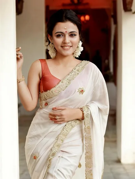 highres, detailed analog film photo of a 30-year-old apda woman, full body magazine shoot, looking at viewer, dynamic pose, outdoors in an Indian palace hotel, smiling, sharp focus, (Organza_saree_blouse:1.2), ultrarealstic, hyperdetailed <lora:apda_Aparna_Das_SD15_LoRA_DAdaptAdam:1>