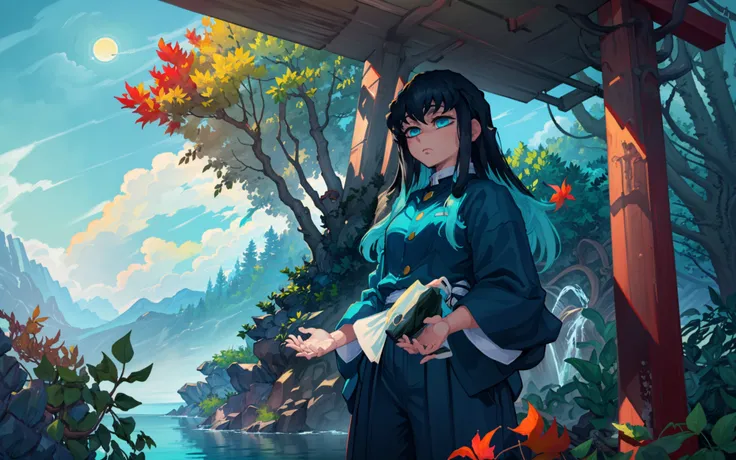 (masterpiece, best quality, highres), perfect lighting,
muichiro, 1boy, long hair, black hair, aqua hair, bangs, multicolored hair, sidelocks, long sleeves, aqua eyes, demon slayer uniform, pants, looking at viewer, solo, closed mouth, view from below,
festival, moonlight, (night), (dark), fall, fallen leaves, japanese temple, japanese decoration, leaf, ivy, wallpaper, ((empty)), (landscape), rock, nature, plant, extremely detailed environnement, mist, distant waterfall, (excessive plant), loaded, mystical, dark blue water, ultra wide angle, ((ultra wide angle)), (depth of field), ((game cg))
<lora:splashblush:0.7> <lora:krekkovV2_e8:0.6> <lora:epiNoiseoffset_v2:0.7> <lora:MuichiroTokito:1>