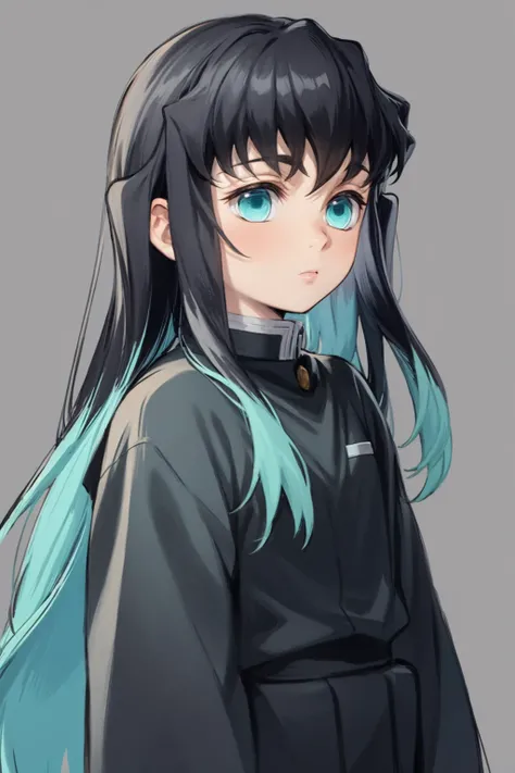 masterpiece, best quality, 1boy, muichiro,long hair, black hair, aqua hair, bangs, multicolored hair, sidelocks, long sleeves, aqua eyes, demon slayer uniform, (sketch), closeup, simple background <lora:MuichiroTokito:1>