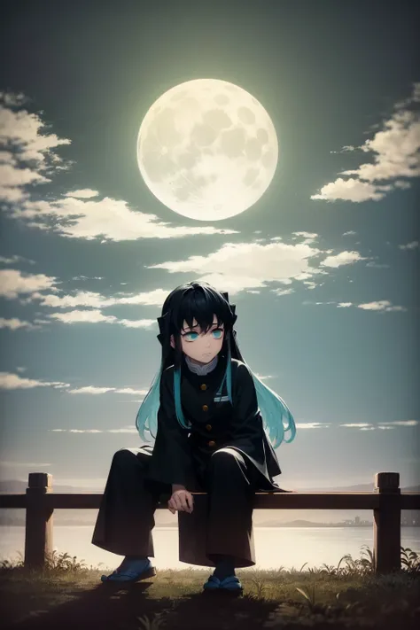 masterpiece, best quality, 1boy, muichiro,long hair, black hair, aqua hair, bangs, multicolored hair, sidelocks, long sleeves, aqua eyes, demon slayer uniform, pants, moody, sad, sitting, dark, moon, night, profil, view from far, old japanse architecture