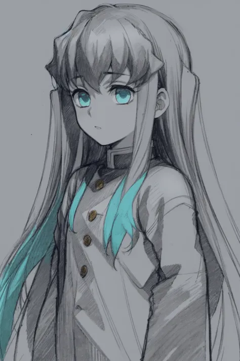 masterpiece, best quality, 1boy, muichiro,long hair, black hair, aqua hair, bangs, multicolored hair, sidelocks, long sleeves, aqua eyes, jacket, (sketch:1.3), closeup, simple background <lora:MuichiroTokito:1>