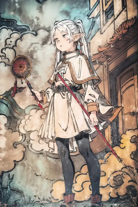 masterpiece, traditional media, best quality, extremely detailed CG, gradient background, 1girl, solo, sky, cloud, full body, FrierenBase, white hair, twintails, earrings, white capelet, striped shirt, white skirt, long sleeves, belt, black pantyhose, staff, holding staff, <lora:Frieren:0.7> <lora:qinglongsi:0.9> <lora:more_details:0.4>