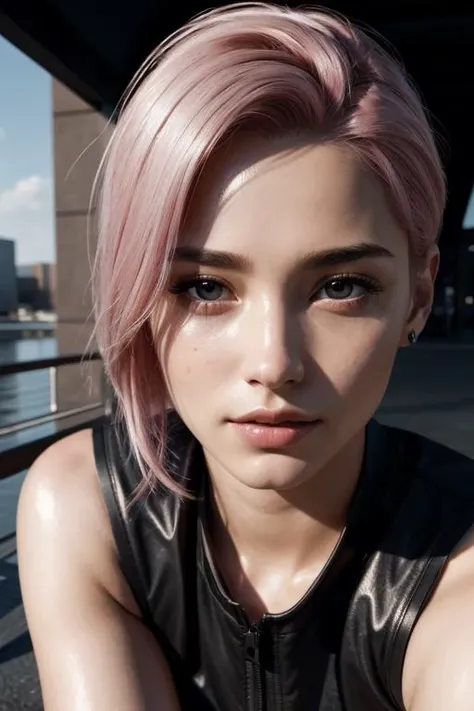 epiCRealism EyeDetail FaceDetail SkinHairDetail woman with pink hair and black jacket, photorealistic render, ultra detailed android woman, beautiful young girl, hyperreal render, gray-haired, young woman infp, stunning render, Sitting on a bench in a cyberpunk city.