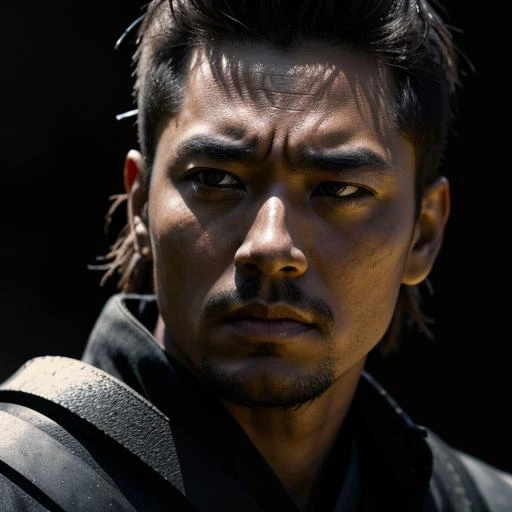 cinematic film still dramatic side lighting, dramatic intense stare closeup portrait, dark black background, hdr, a dramatic tired samurai rests after a battle, sitting on a fallen tree, photorealistic image, pay special attention to shadows and facial detail.