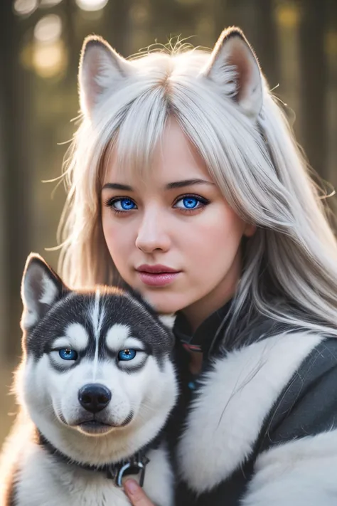 professional photo taken with a camera Sony A7R V 50 mm, DSLR, of a girl with Husky,