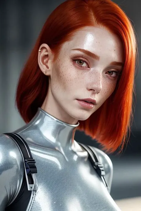 close-up shot, red hair ,futuristic , slim woman, looking strait ,with tatoos no make-up, detailed skin, light freckles, shallow depth of field, OverallDetail <lora:more_details:0.3> , shiny, shiny hair, shiny skin, shiny clothes