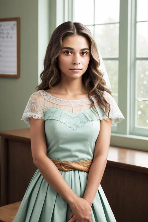 (masterpiece:1.4),ultra-detailed,(best quality), illustration, (Depth of field) (masterpiece, best quality), female hundred years old, delicate, native american, brown eyes, square jaw, hollow cheeks, unusual face shape, sculpted quadriceps, , mint green tousled waves hair, contempt wearing lace g-string, bardot top, veil,, hand on waist, placing a hand on the waist with a confident look, exuding allure and elegance, rainy window lighting, soft, diffused light through raindrops on a window, creating a cozy and intimate mood, a cheerful school classroom, with students working together and a passionate teacher